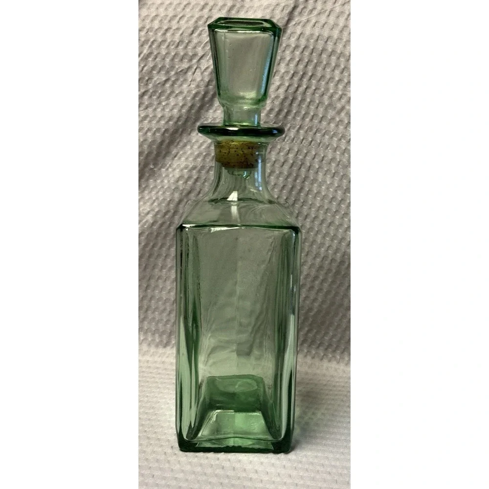 Vintage MCM Green Glass Decanter with Stopper Square Barware Collectibles 10
